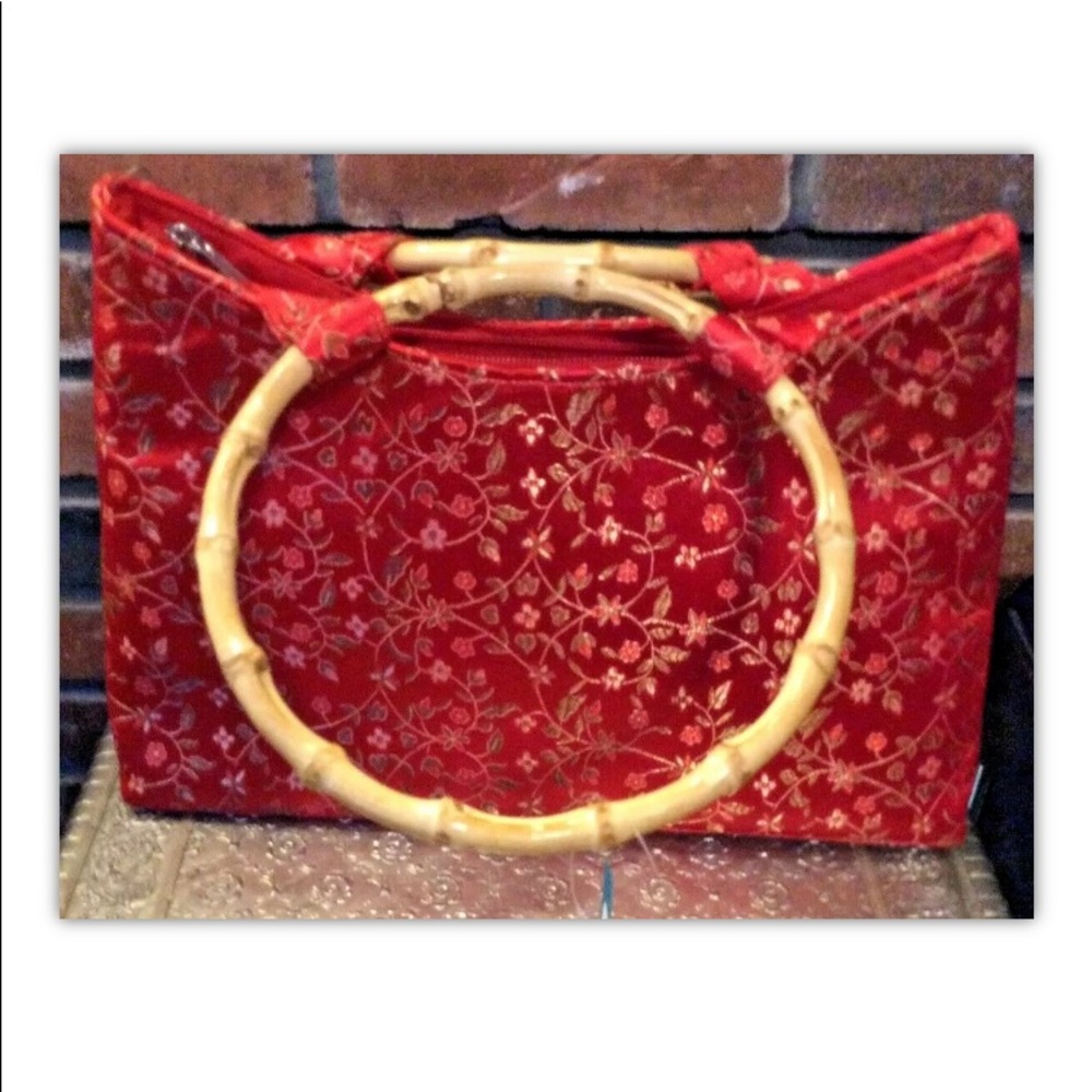 Red oriental handbag bamboo handles